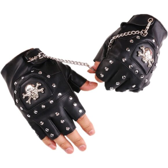 Men Black Half Finger Punk Rivets with Metal Chain Motorcycles PU Leather Gloves - Picture 4 of 7
